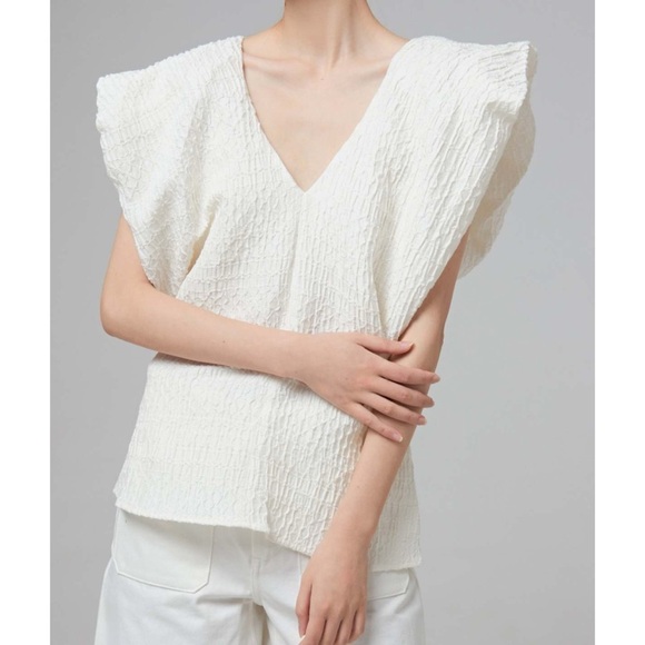 CO Avery Linen Crepe Pleated Cap Sleeve Textured Jacquard V Neck Blouse Top NEW - Picture 11 of 16